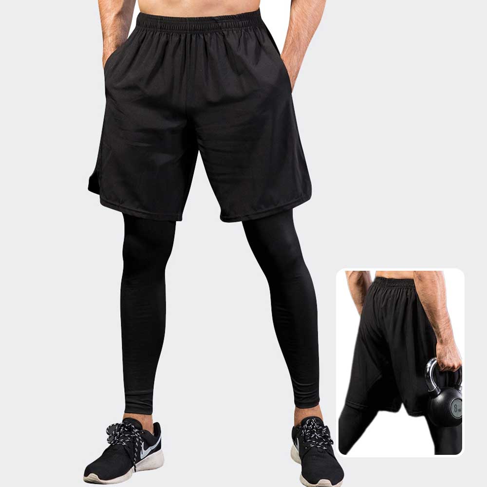 Men's Compression Leggings Mock Two-Piece - Fitness Running Training Casual Elastic Quick-Dry Pants