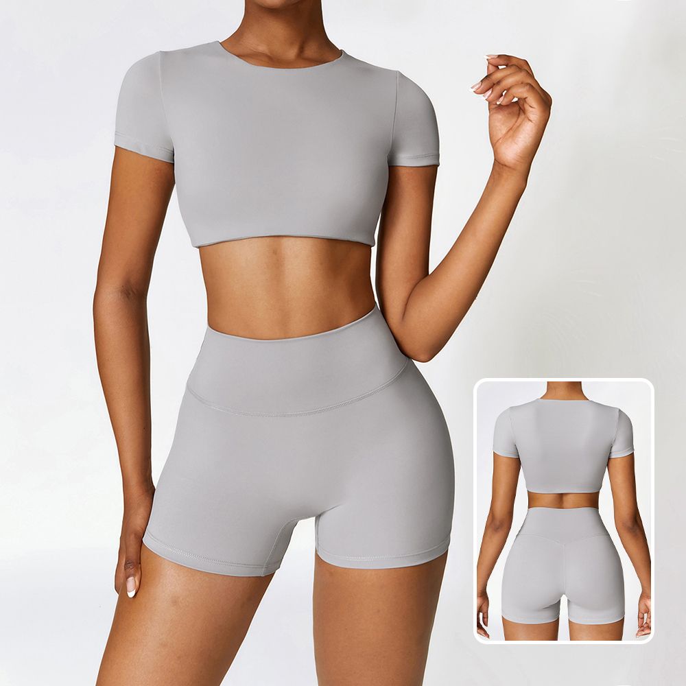 Fitted Brushed Short Sleeve Shorts Yoga Set - Quick-Drying Workout Outfit