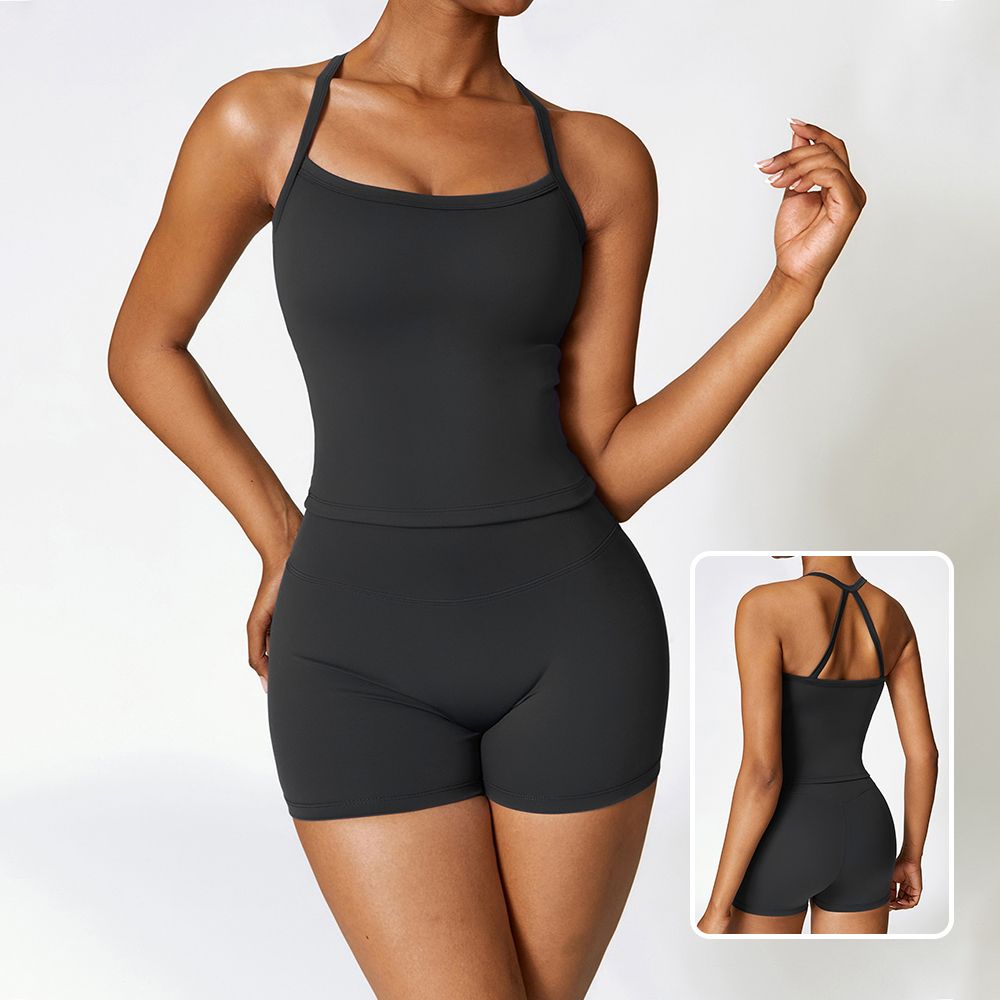 Fitted Brushed Sports Bra Shorts Yoga Set - Quick-Drying Workout Outfit