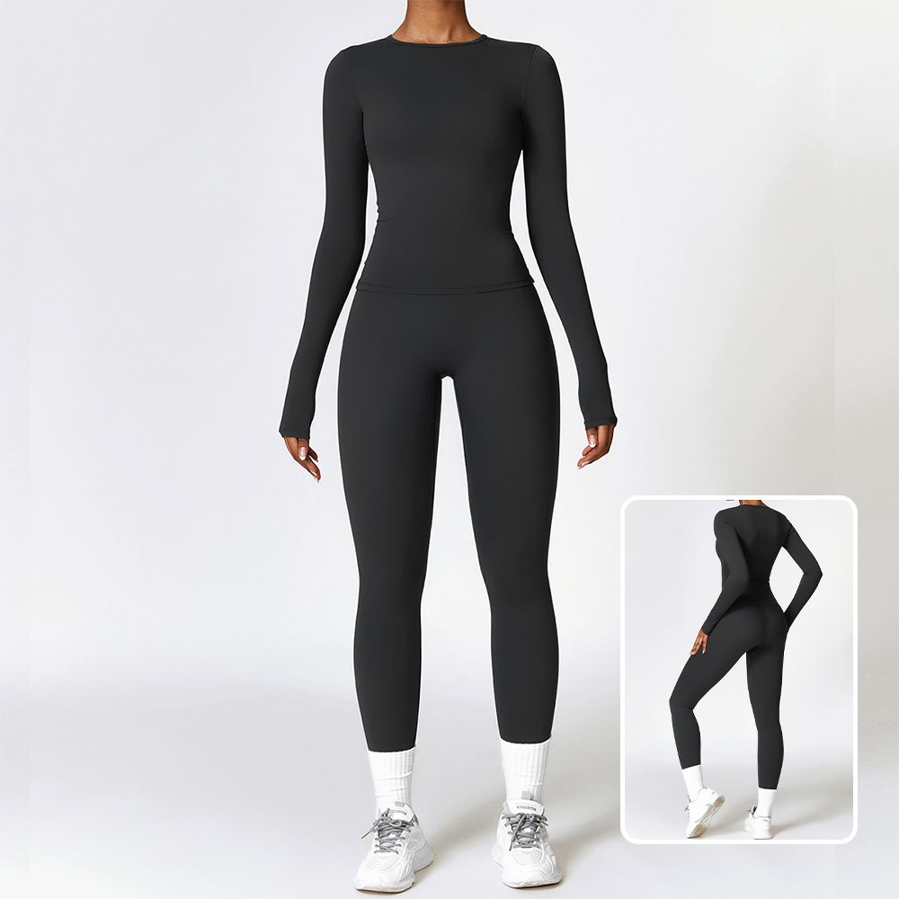 Fitted Brushed Long Sleeve Leggings Yoga Set - Quick-Drying Workout Outfit