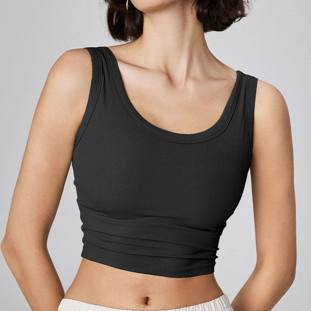 Ribbed Sports Bra Semi-Fixed Cup Yoga Top Wearable Crewneck Tank