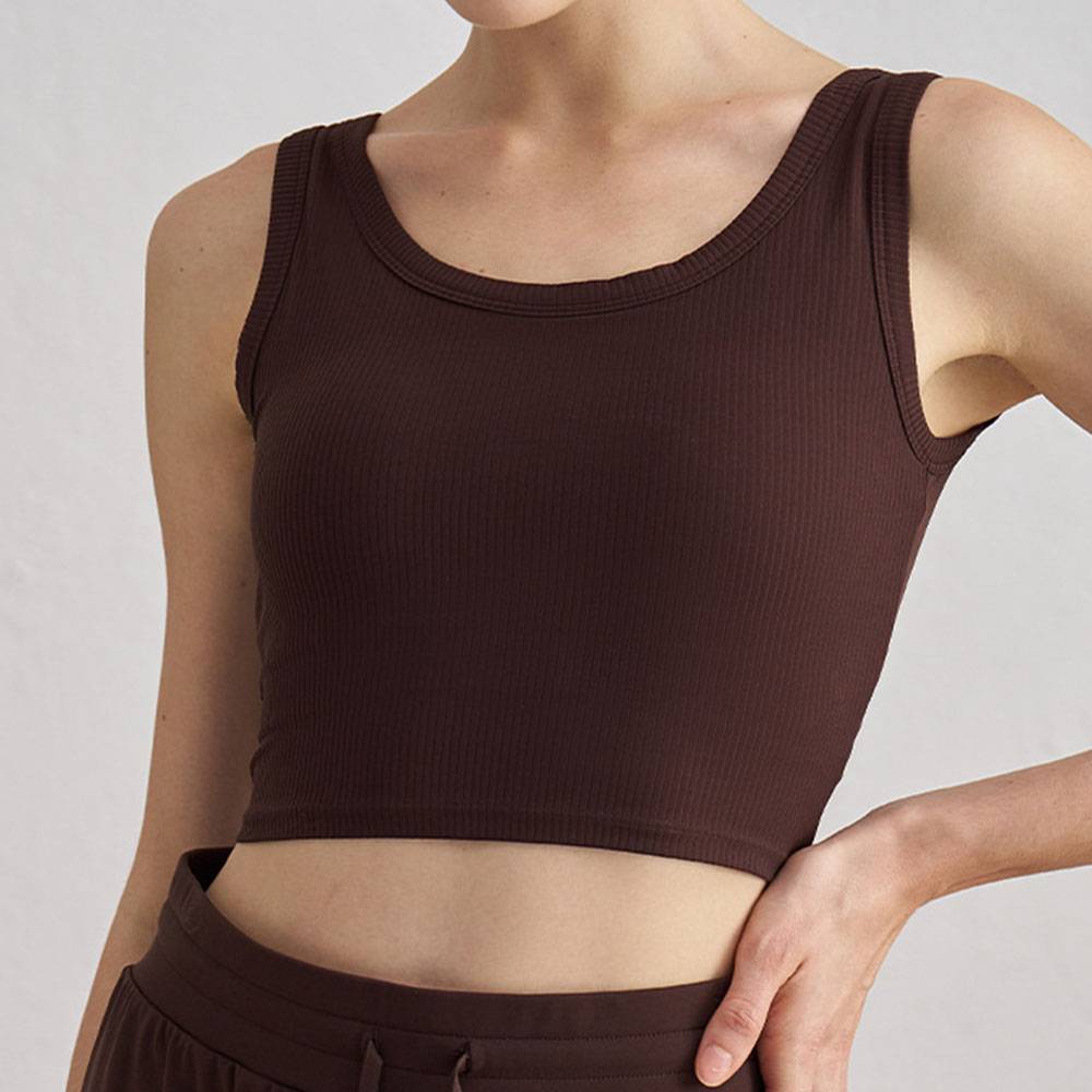 Ribbed Sports Bra Semi-Fixed Cup Yoga Top Wearable Crewneck Tank