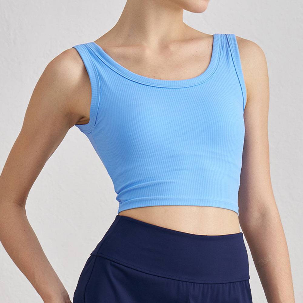 Ribbed Sports Bra Semi-Fixed Cup Yoga Top Wearable Crewneck Tank