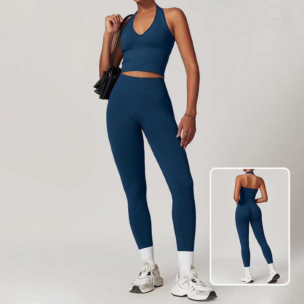 Seamless Racerback Yoga Set Ribbed Waist Workout Outfit Women