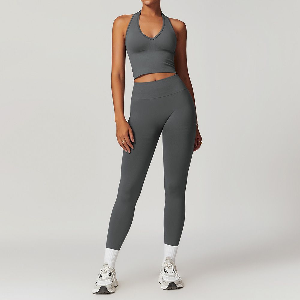 Seamless Racerback Yoga Set Ribbed Waist Workout Outfit Women