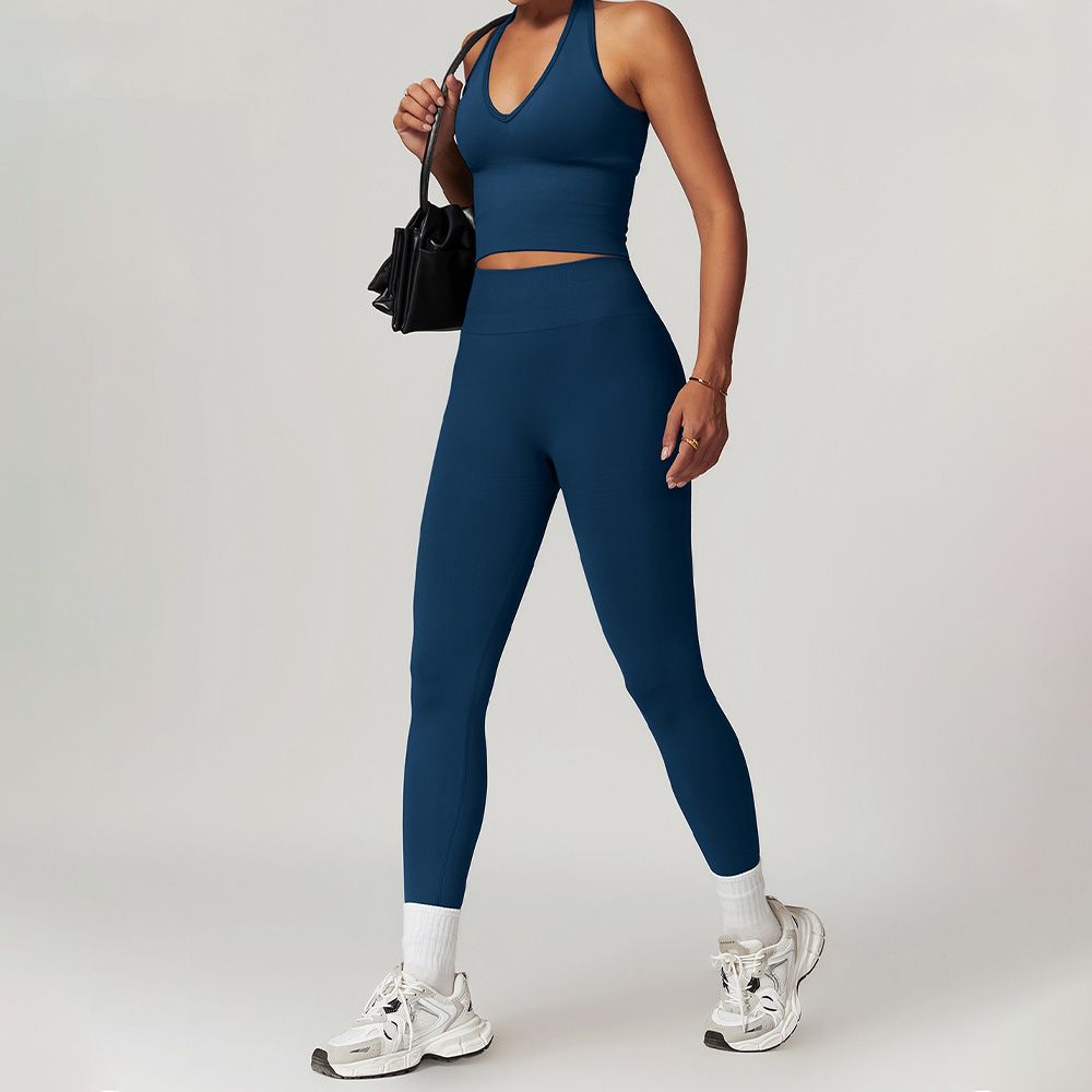 Seamless Racerback Yoga Set Ribbed Waist Workout Outfit Women
