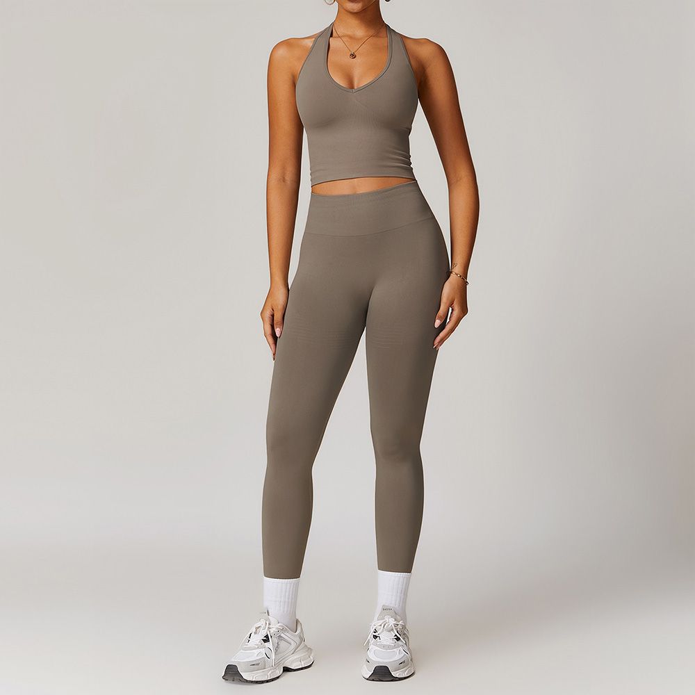 Seamless Racerback Yoga Set Ribbed Waist Workout Outfit Women