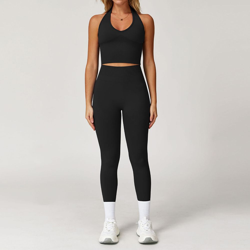 Seamless Racerback Yoga Set Ribbed Waist Workout Outfit Women