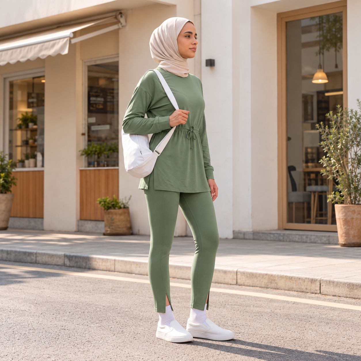 Women's Sage Green & Ivory Modest Activewear Collection | ZDP0804