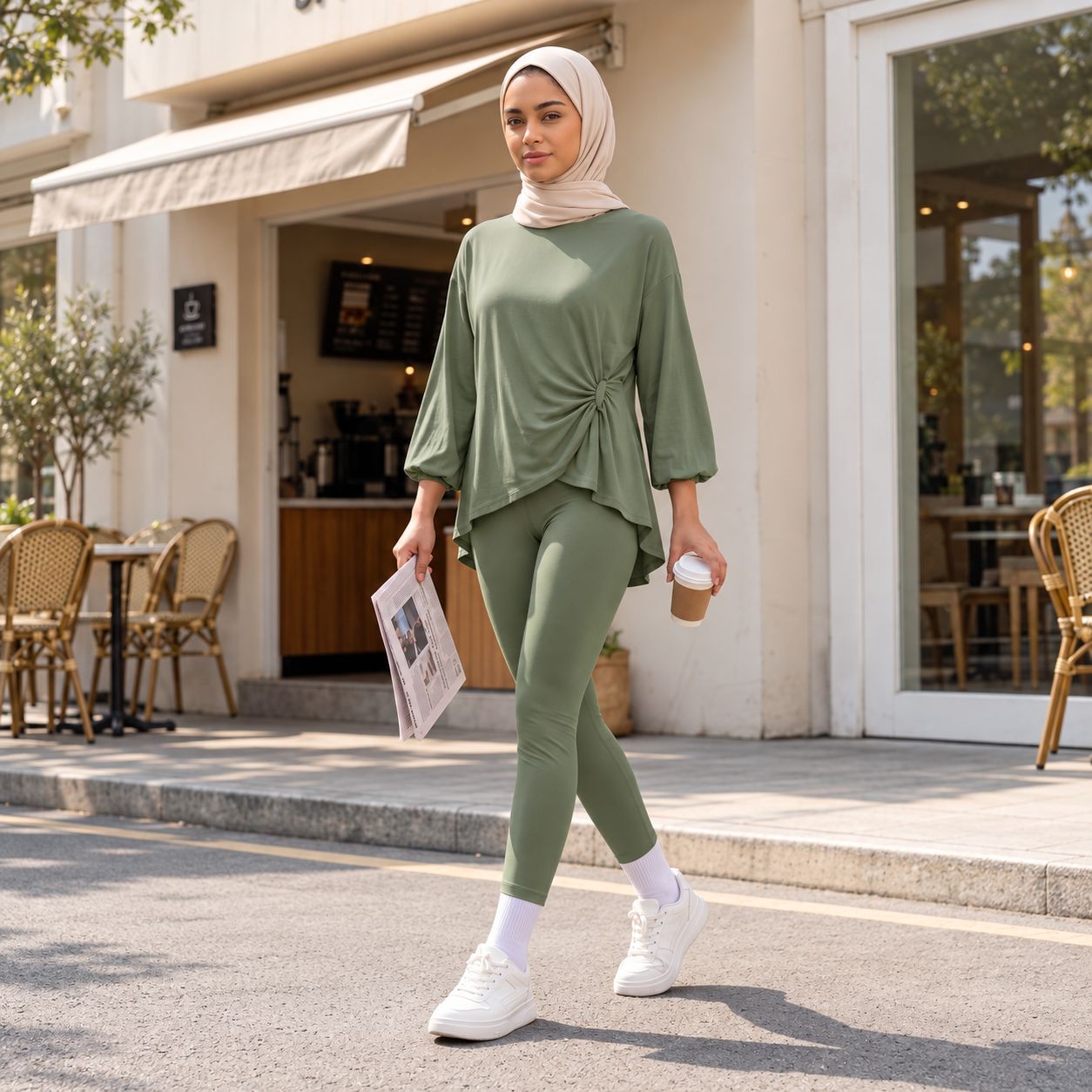 Women's Sage Green & Ivory Modest Activewear Collection | ZDP0804