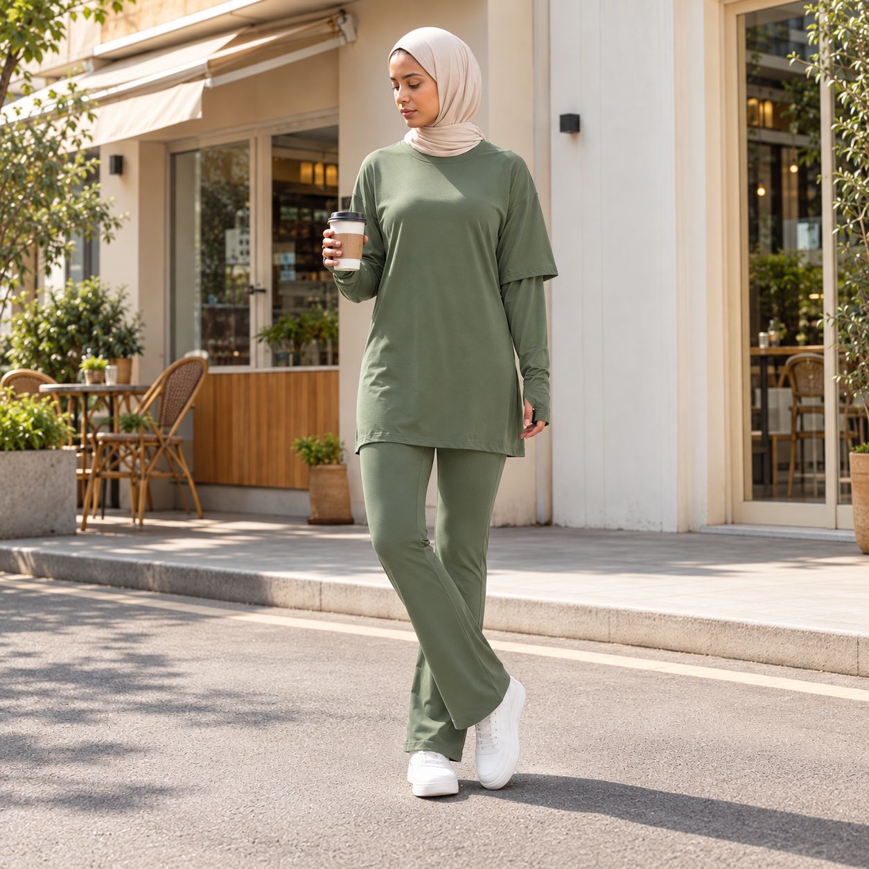 Women's Sage Green & Ivory Modest Activewear Collection | ZDP0804